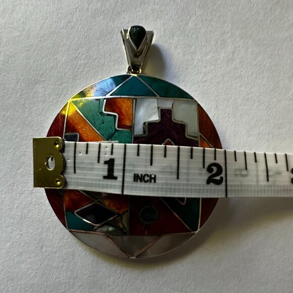 Peruvian 950 Sterling Silver Pendant | Circular Mosaic Inlay with Natural Stones - Picture 4 of 8